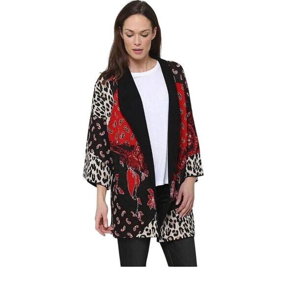 Alice + Olivia Cardigan Hester S RED BLACK Paisley Cheetah Patchwork Oversized - Picture 7 of 16